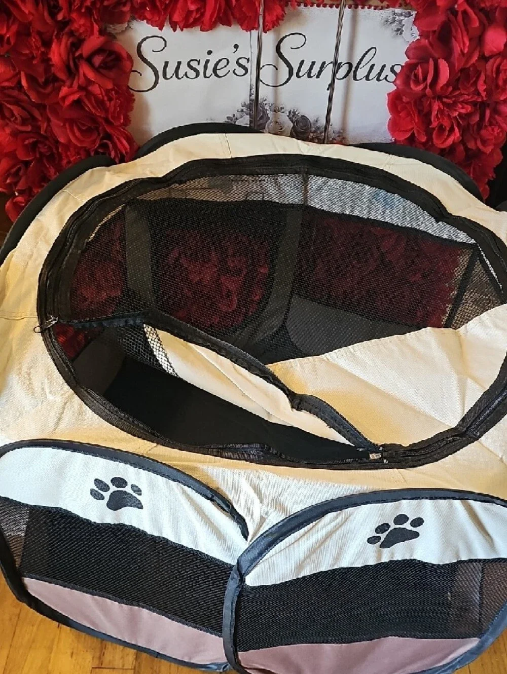 Collapsible Mesh Small Pet Playpen - Black and Cream Like NEW